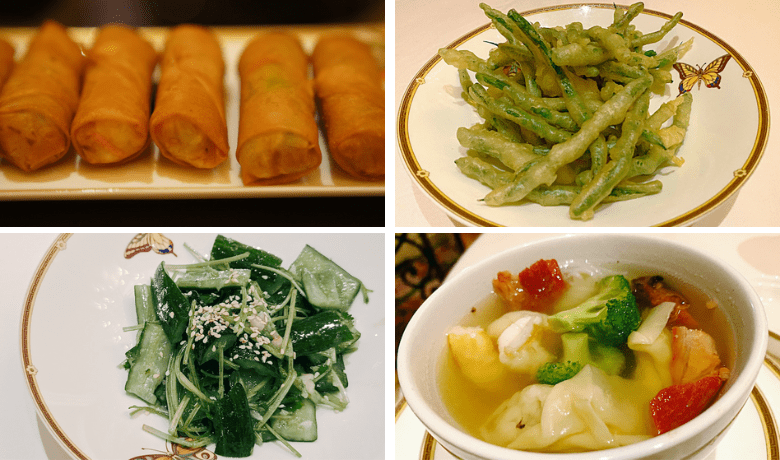 A screenshot of various appetizers, salad, and soup from Jasmine Chinese Restaurant in the Bellagio Hotel and Casino Las Vegas.