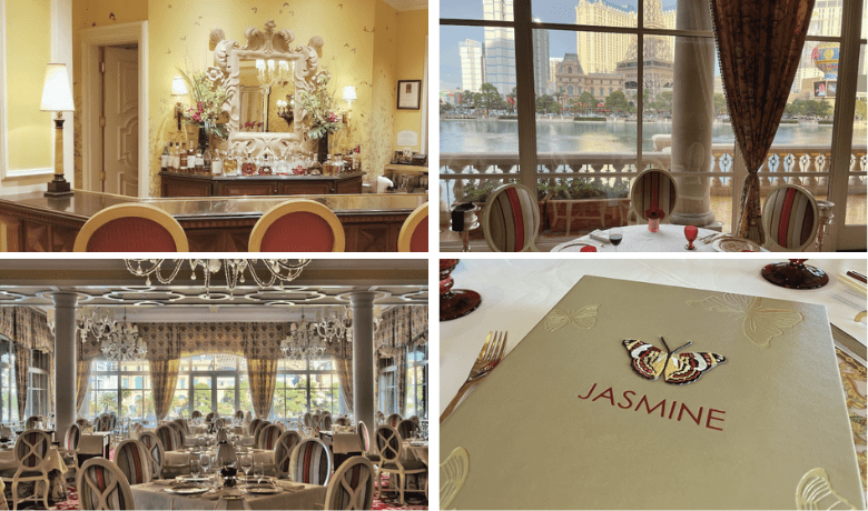A screenshot of the main dining room, bar, view of the Bellagio fountains, and menu at Jasmine Chinese Restaurant in the Bellagio Hotel and Casino Las Vegas.