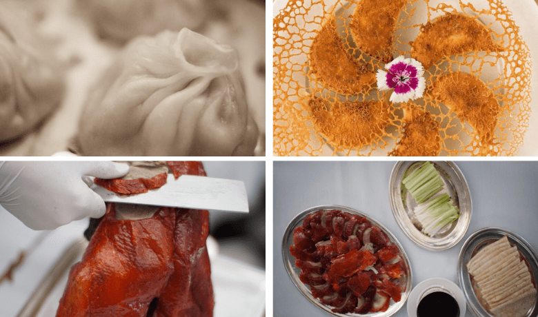 A screenshot of various dishes from the semi prix fixe menu showcasing the peking duck from MR CHOW Restaurant in Caesars Palace Hotel and Casino Las Vegas.