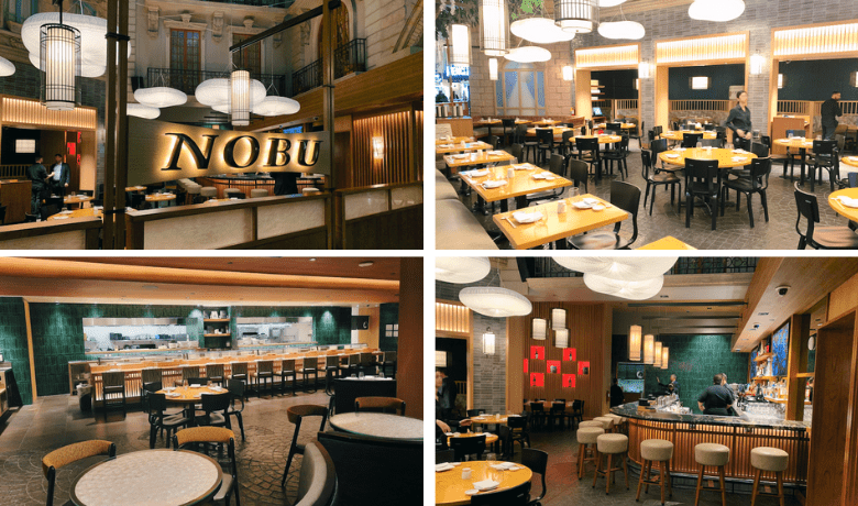 A screenshot of the ambiance, atmosphere, dining areas, bar, and entrance at Nobu Restaurant in Paris Hotel and Casino Las Vegas.
