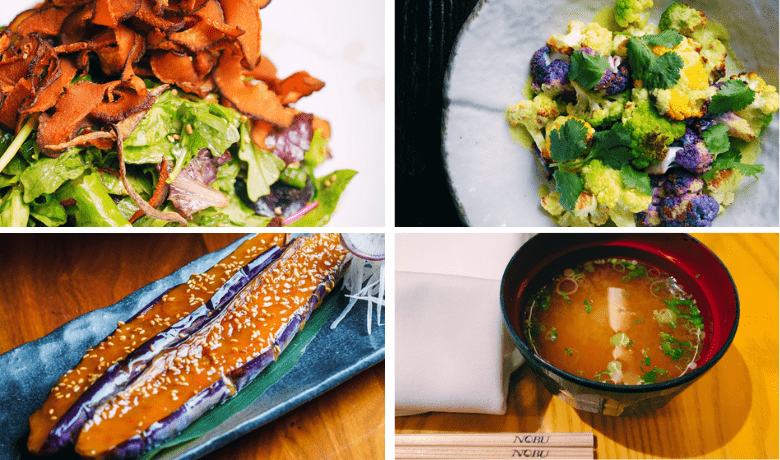 A screenshot of various vegetable dishes and miso soup from Nobu Restaurant in Paris Hotel and Casino Las Vegas.