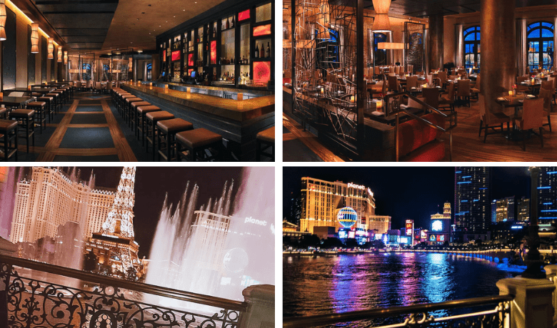 A screenshot of the dining areas, atmosphere, ambiance, decor, and views from the patio showing the Bellagio fountains at Yellowtail Restaurant in the Bellagio Hotel and Casino Las Vegas.