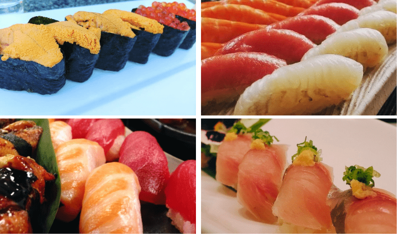 A screenshot of various nigiri sushi from Yellowtail Restaurant in the Bellagio Hotel and Casino Las Vegas.