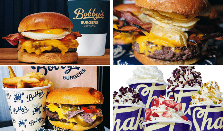 A screenshot of menu highlights from celebrity chef Bobby Flay's Bobby's Burgers in various hotels in Las Vegas.