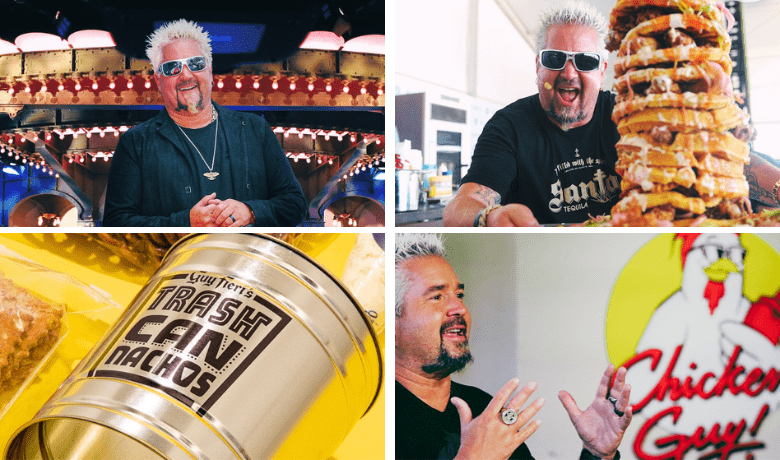A screenshot of celebrity chef Guy Fieri at some of his various restaurant establishments in Las Vegas along with the famous Trash Can Nachos can.