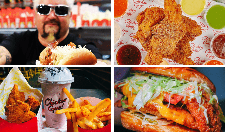 A screenshot of the menu highlights from Guy Fieri's Chicken Guy Restaurant in the Forum Food Court at Caesars Palace Hotel and Casino Las Vegas.