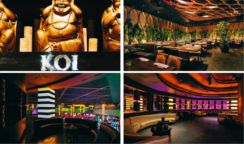 A screenshot of the entrance, ambiance, decor, vibe, and dining areas at KOI Restaurant in Planet Hollywood Hotel and Casino Las Vegas.