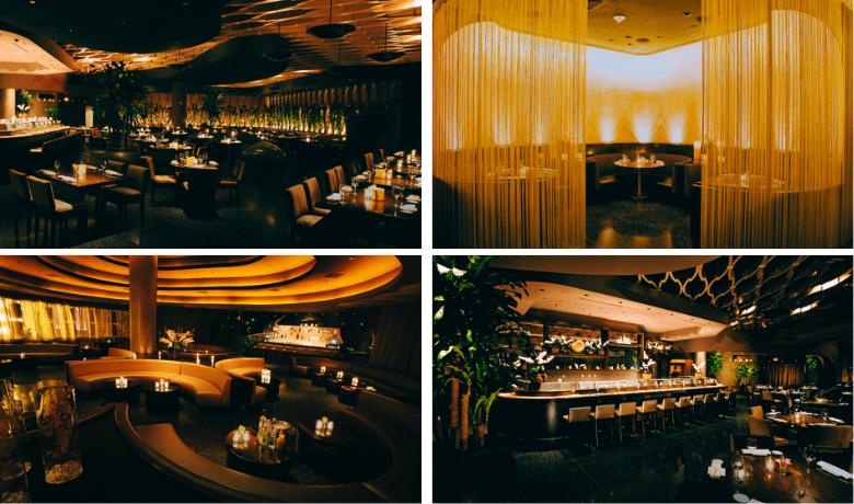 A screenshot of the dining areas, bar, and ambiance at KOI Restaurant in Planet Hollywood Hotel and Casino Las Vegas.