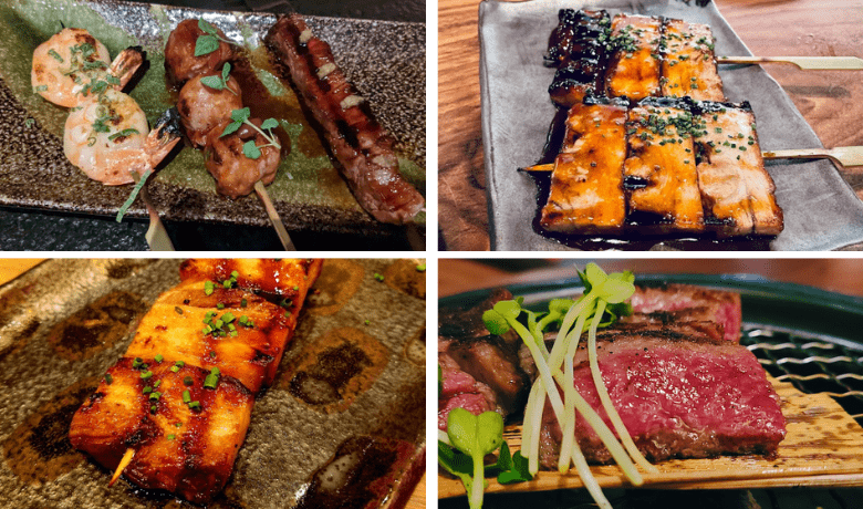 A screenshot of various meat, poultry, and seafood robata dishes from Kusa Nori Restaurant in Resorts World Hotel and Casino Las Vegas.