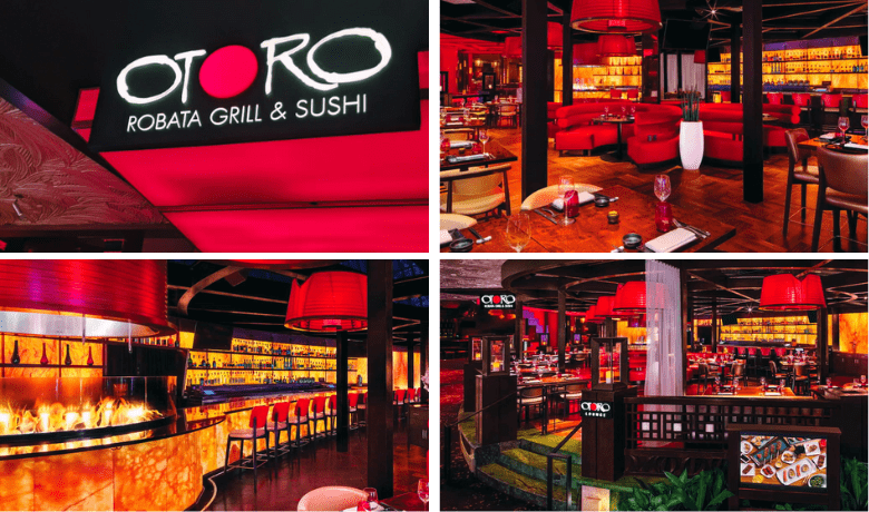 A screenshot of the signage, dining areas, ambiance, decor, and vibe at Otoro Restaurant in the Mirage Hotel and Casino Las Vegas.