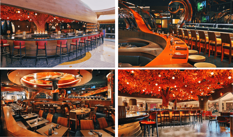 A screenshot of the ambiance, decor, and dining rooms at SUSHISAMBA Restaurant in the Venetian Hotel and Casino Las Vegas.