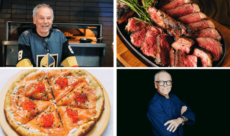 A screenshot of celebrity chef Wolfgang Puck at some of his various restaurant establishments in Las Vegas along with some of his famous menu highlights.