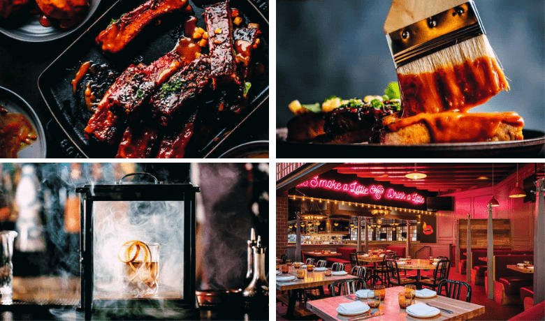 A screenshot of the menu highlights and ambiance at International Smoke Restaurant in the MGM Grand Hotel and Casino Las Vegas by celebrity chef Michael Mina.