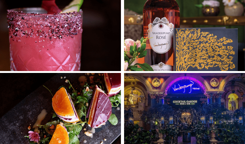 A screenshot of various cocktails, dessert, and the ambiance at Vanderpump Cocktail Garden in Caesars Palace Hotel and Casino Las Vegas.