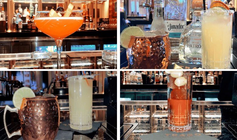 A screenshot of various cocktails and the ambiance at Trago Lounge in the Tropicana Hotel and Casino Las Vegas.