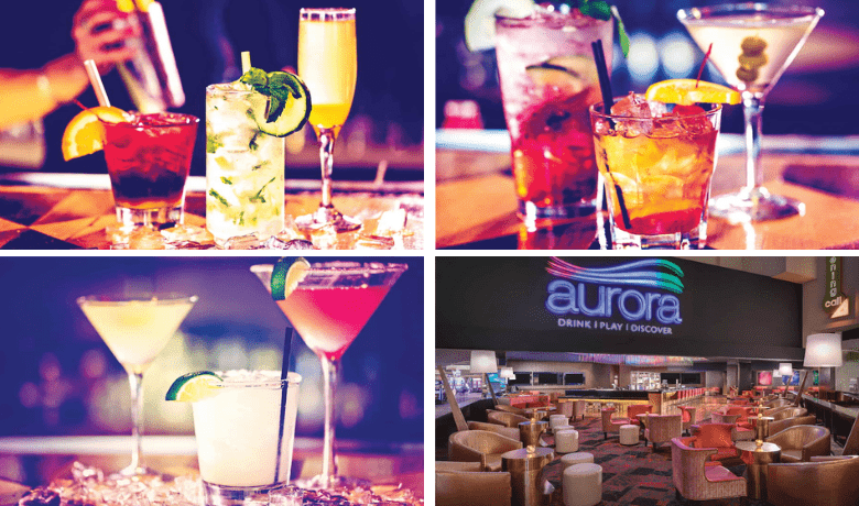 A screenshot of various cocktails and the ambiance at Aurora in the Luxor Hotel and Casino Las Vegas.