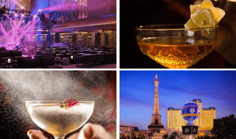 A screenshot of various cocktails and the ambiance at Cheri Rooftop in Paris Hotel and Casino Las Vegas.