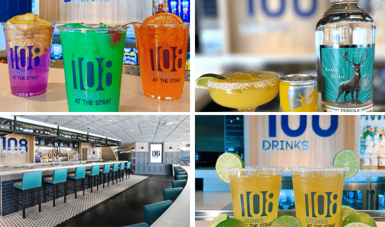 A screenshot of various alcoholic drinks and the ambiance at 108 Drinks in The Strat Hotel and Casino Las Vegas.