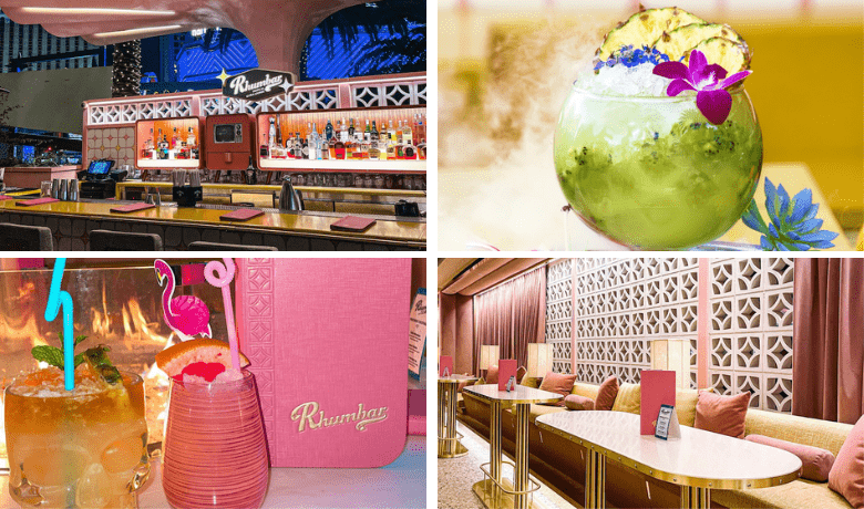 A screenshot of various cocktails and the ambiance at Rhumbar Tropical Ultra Lounge in The Mirage Hotel and Casino Las Vegas.