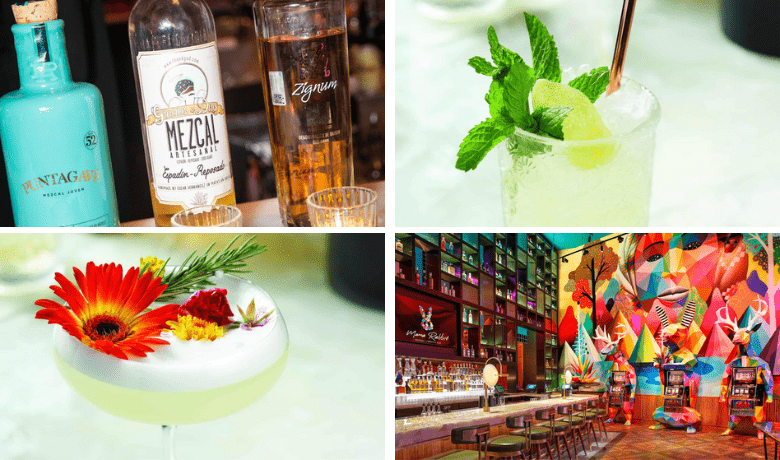 A screenshot of various cocktails and the ambiance at Mama Rabbit Tequila + Mezcal Bar in Park MGM Hotel and Casino Las Vegas.