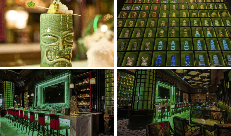 A screenshot of a cocktail and the ambiance and decor at Golden Monkey Tiki Lounge in Resorts World Hotel and Casino Las Vegas.