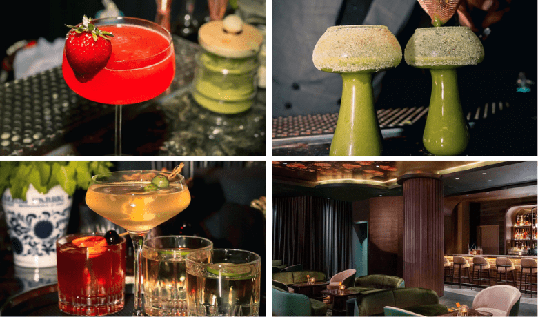 A screenshot of various cocktails and the ambiance at Easy's Cocktail Lounge in the Aria Hotel and Casino Las Vegas.