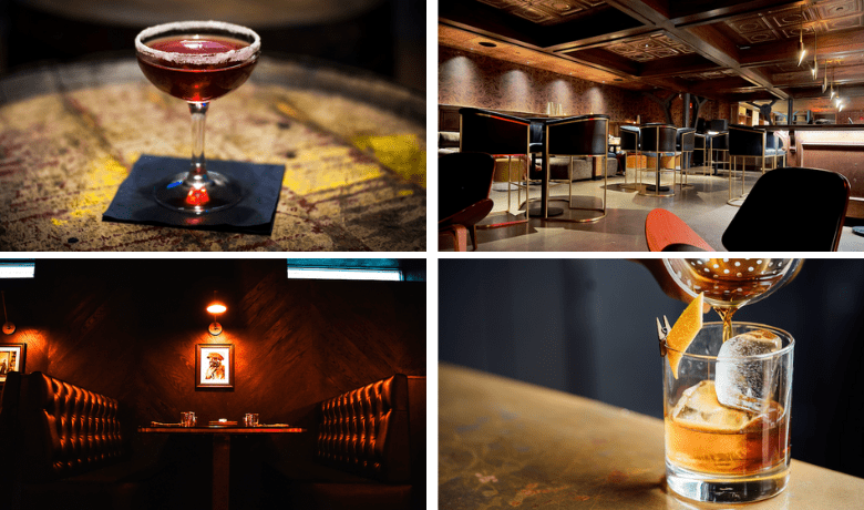 A screenshot of various cocktails and speakeasy spaces.