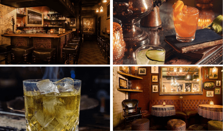 A screenshot of the ambiance and various cocktails from The Laundry Room Speakeasy in Downtown Las Vegas, Fremont Street.