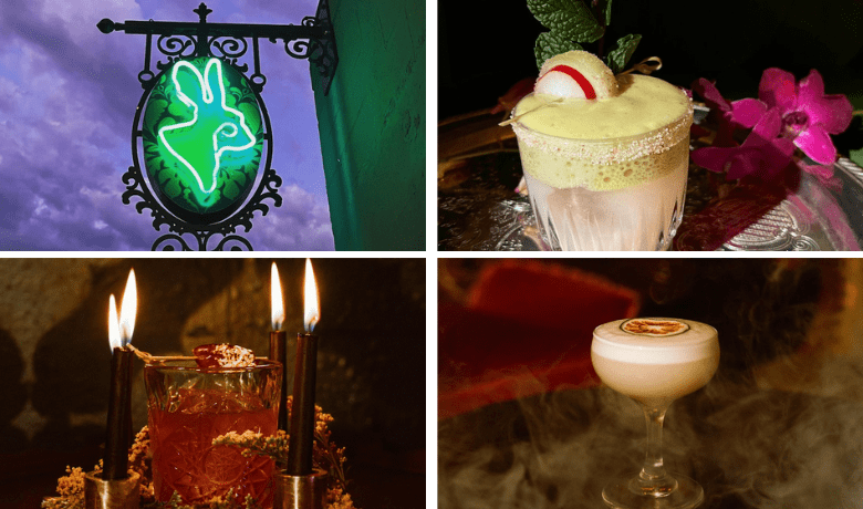 A screenshot of the signage and various cocktails from Velveteen Rabbit Speakeasy in the Arts District of Las Vegas.