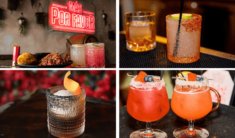 A screenshot of the ambiance and various cocktails from Mas Por Favor Taqueria y Tequila Speakeasy in Chinatown Las Vegas.