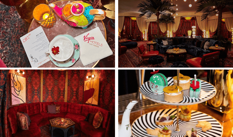 A screenshot of the ambiance and various cocktails and treats from The Shag Room Speakeasy at the Virgin Hotel and Casino Las Vegas.