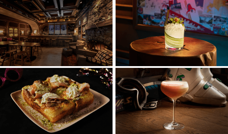 A screenshot of various cocktails, appetizer, and ambiance in The Ski Lodge Speakeasy at the Cosmopolitan Hotel and Casino Las Vegas.