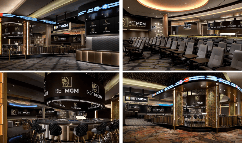 A screenshot of the ambiance and atmosphere at Bet MGM Sportsbook & Lounge in the MGM Grand National Harbor Hotel and Casino.