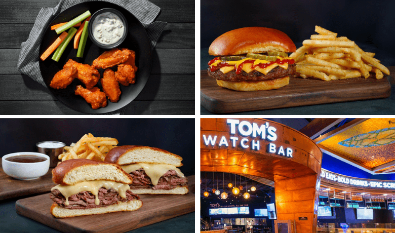A screenshot of the menu highlights and entrance from Tom's Watch Bar in the Mohegan Sun Hotel and Casino.