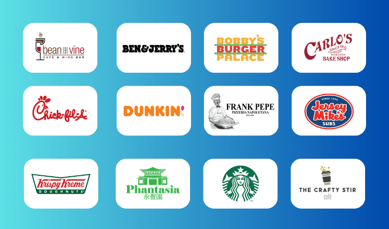 A screenshot of logos from the 12 quick eatery options at the Mohegan Sun Hotel and Casino Resort.
