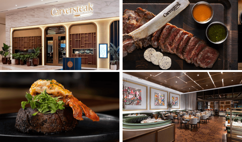 A screenshot of the ambiance and menu highlights from Carversteak Restaurant in Resorts World Hotel and Casino Las Vegas.