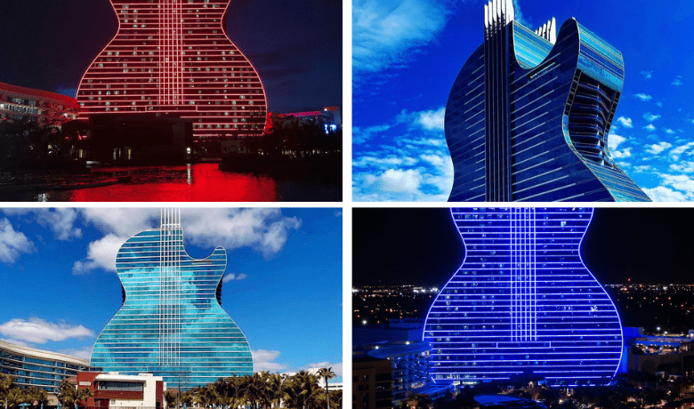 A screenshot of the Seminole Hard Rock Hotel and Casino in Hollywood Florida with various lighting of the building.
